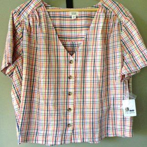 Ana 2X crop Top button front multicolor gingham plaid short sleeve shirt NEW 2X